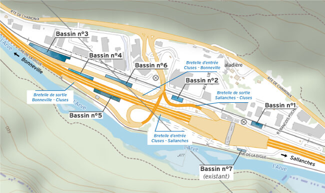 Schéma des 7 bassins au niveau de Cluses le long de l'autoroute A40