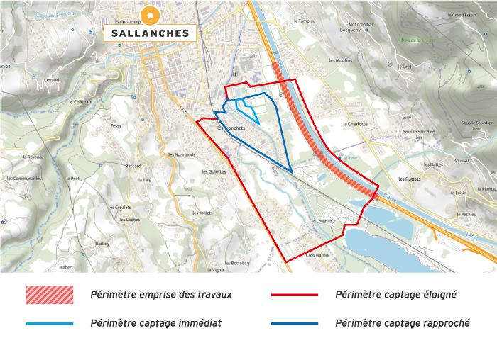Carte relatant les différentes zones de captage de Jumel ainsi que la zone des travaux le périmètre captage éloigné, le périmètre captage rapproché, le périmètre captage immédiat et le périmètre des travaux